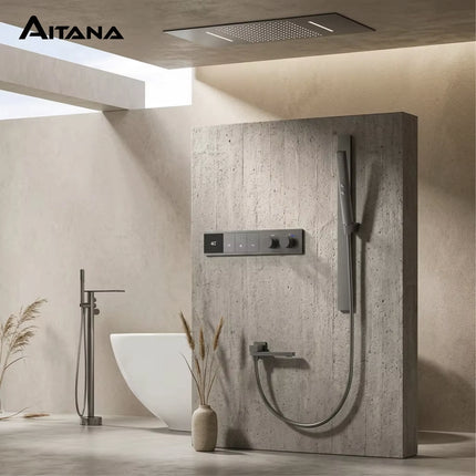 Gun Gray Brass LED Digital Display Thermostatic Shower Set Ceiling Mount Rain Shower Head Adjustable Slide Bar Bathroom Faucet gun-gray-brass-led-digital-display-thermostatic-shower-set-ceiling-mount-rain-shower-head-adjustable-slide-bar-bathroom-faucet