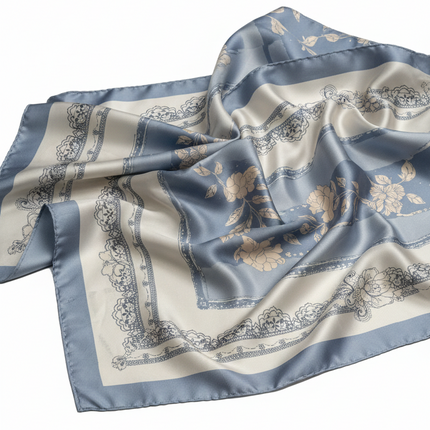 100% Mulberry Silk Long Scarf – Light Blue Floral Print, Gift Boxed