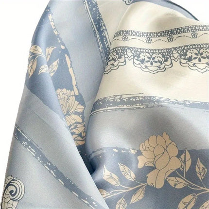 100% Mulberry Silk Long Scarf – Light Blue Floral Print, Gift Boxed