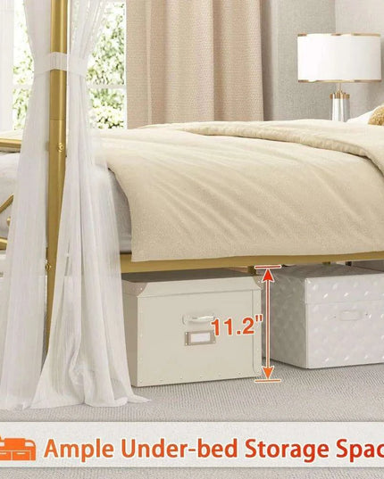 Elegant Metal Canopy Bed Frame with Four Posters and Storage Solutions