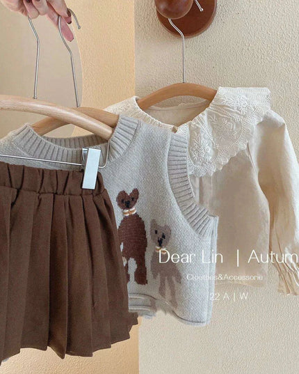 Charming 3-Piece Girls' Outfit Set: Knitted Vest, Lace Collar Blouse, and Pleated Skirt for Infants