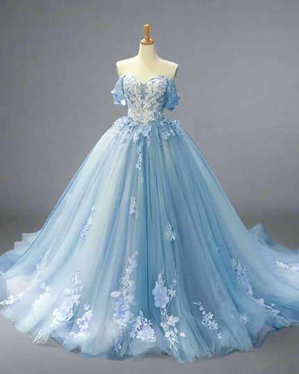 Stunning Off-The-Shoulder Cerulean Quinceanera Ball Gown with Graceful Lace Details and Dramatic Train