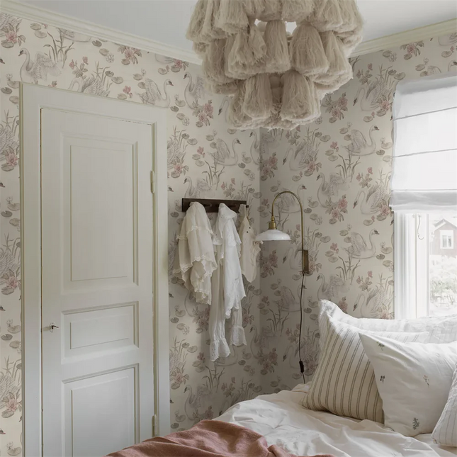3D Pink Swan Wallpaper Mural — Kids Room, 10 Patterns, 7 Materials