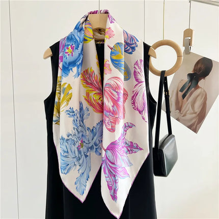 Luxury Floral Silk Scarf – 90x90cm Hand-Rolled Twill