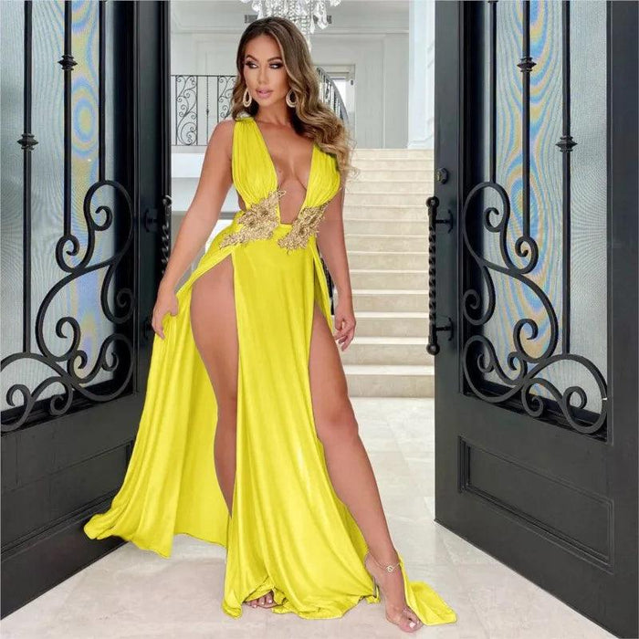 Chic Deep V-Neck Gold Embroidered Maxi Dress for Summer Evenings