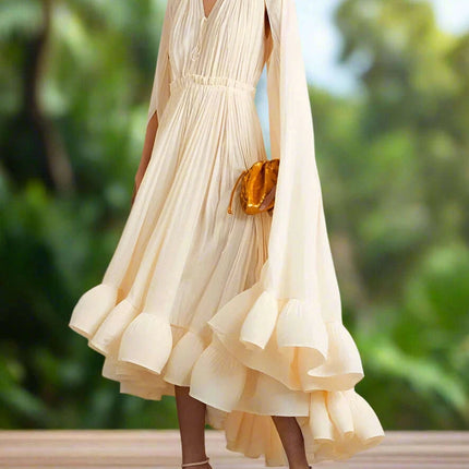 Stylish High Waist Patchwork A-Line Dress for Women - Chic V-Neck, Sleeveless, and Unique Irregular Hem