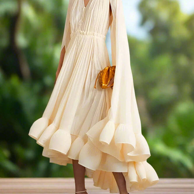 Stylish High Waist Patchwork A-Line Dress for Women - Chic V-Neck, Sleeveless, and Unique Irregular Hem