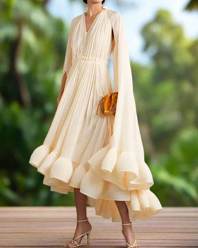 Stylish High Waist Patchwork A-Line Dress for Women - Chic V-Neck, Sleeveless, and Unique Irregular Hem