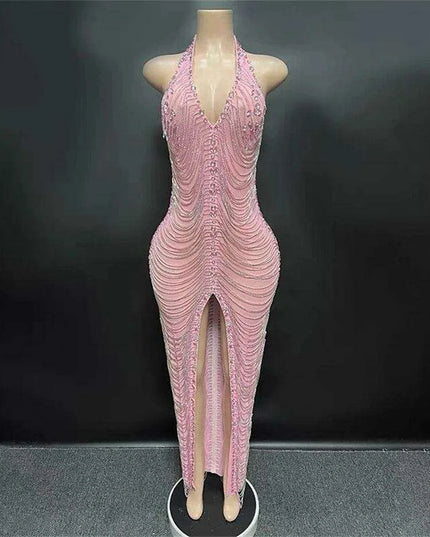 Radiant Night Halter Evening Dress with Sparkling Diamond Details