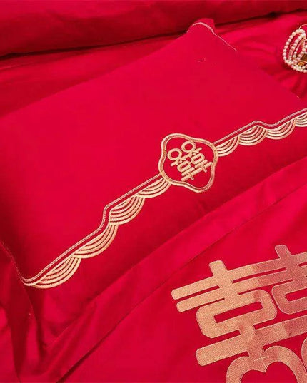 Luxury Red Chinese Wedding Duvet Cover Set with Elegant Golden Floral Embroidery and Premium Pillowcases