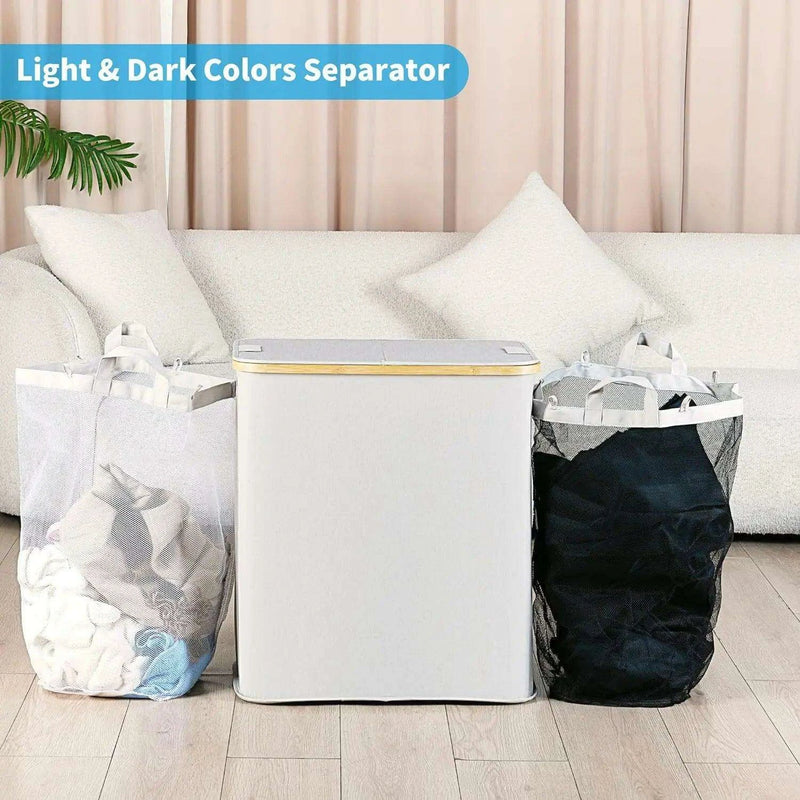 Elegant Bamboo Dual Laundry Sorter with Lid and Removable Bags