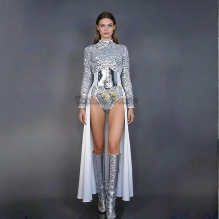 Silver Sequin Bodysuit for Stage, Dance & Performance