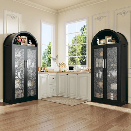 71" Tall Arched Cabinet with LED Lights | Glass Door Pantry Storage Cabinet