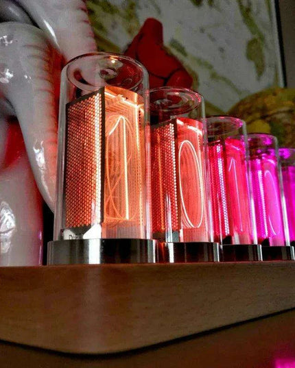Retro RGB Nixie Tube Clock with Stylish Wooden Base - LED Alarm Timepiece for Unique Desktop Decor and Gifting