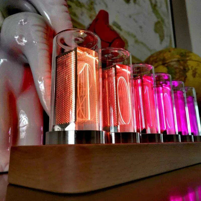 Retro RGB Nixie Tube Clock with Stylish Wooden Base - LED Alarm Timepiece for Unique Desktop Decor and Gifting