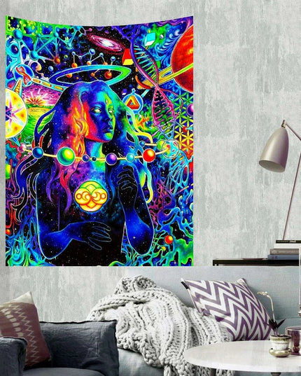 Celestial Enchantment Cosmic Wall Tapestry - Luminous Black Light Art for Celestial Harmony