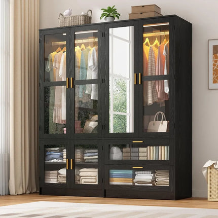 TideRise 4-Door Armoire Wardrobe with LED & Mirror, 71" Black Closet