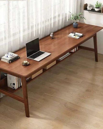 63" Elegant Mid Century Modern Solid Wood Office Desk with Storage Shelf - Walnut Finish