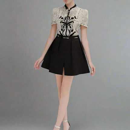 Floral Embroidery Lace Top and Pleated Skirt Set