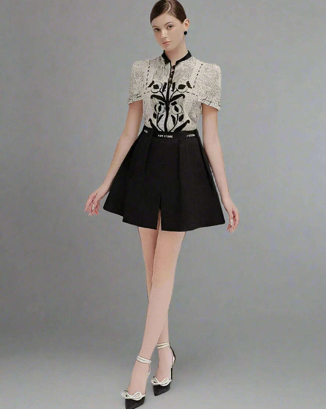 Floral Embroidery Lace Top and Pleated Skirt Set