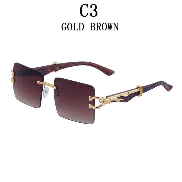 Retro Rimless Sunglasses with Wood Finish and UV Protection