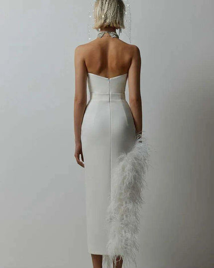 Elegant Strapless Black and White Feather Detail Bodycon Dress for Women