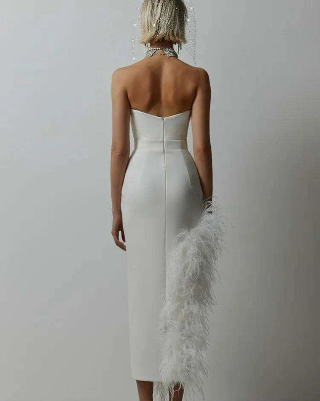 Elegant Strapless Black and White Feather Detail Bodycon Dress for Women