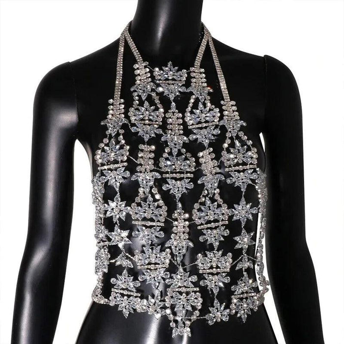 Sparkling Rhinestone Bralette Top with Elegant Geometric Body Chain