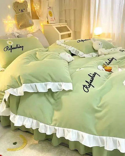 Korean Princess Ruffled Bedding Collection for Girls - Double Duvet Cover, Fitted Sheet, and Pillowcases in Multiple Sizes