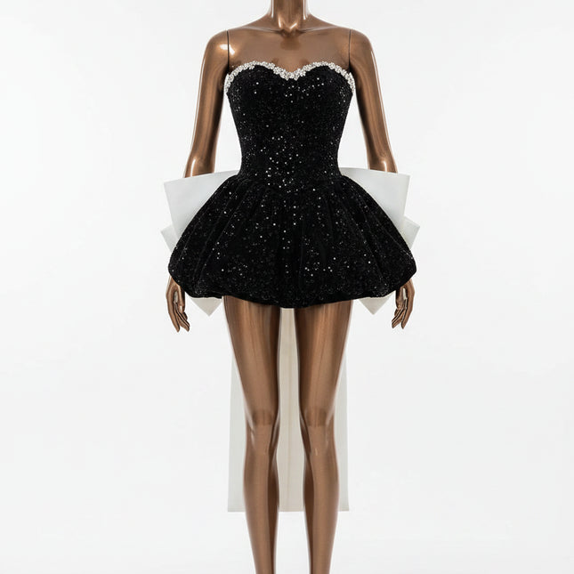 Color Block Bow Bubble Dress — Strapless Glitter Velvet Mini