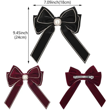 Velvet Bow Hair Clip with Rhinestone & Tassel | Korean Style