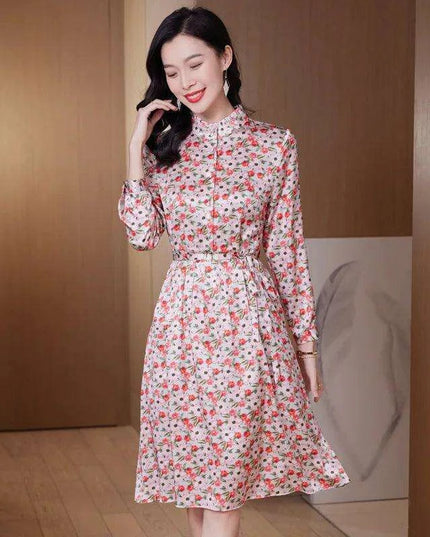 Elegant Floral A-line Silk Dress with Stand Neck for Women
