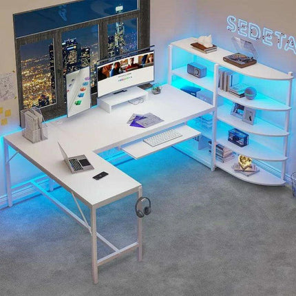 L-Shaped Gaming Desk with RGB Lighting and Versatile Storage Solutions