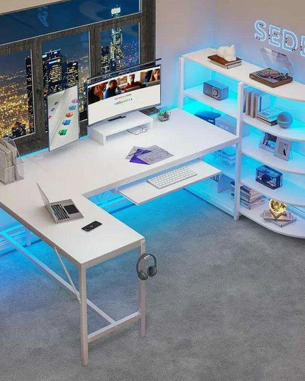 L-Shaped Gaming Desk with RGB Lighting and Versatile Storage Solutions