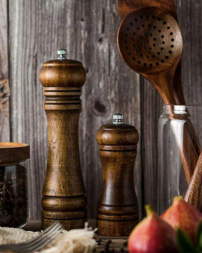 Stylish Wooden Salt and Pepper Grinder Set with Adjustable Ceramic Mechanisms and Elegant Stand