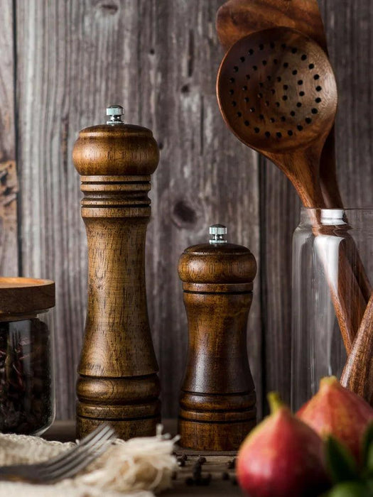 Stylish Wooden Salt and Pepper Grinder Set with Adjustable Ceramic Mechanisms and Elegant Stand