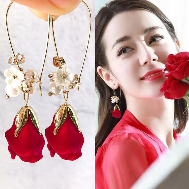 Honeypotson SU-SU Rose Petal Long Earrings - Elegant Red Design