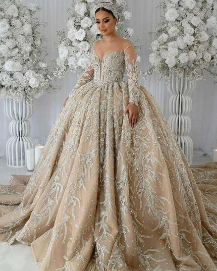 Stunning Bespoke Off-Shoulder Sequin Wedding Ball Gown with Elegant Long Sleeves