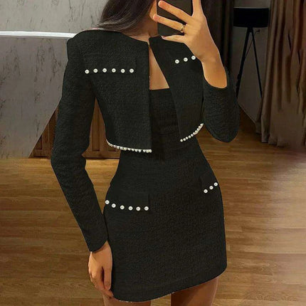 Chic Autumn Duo: Pearl-Embellished Long Sleeve Coat and Strapless Mini Dress Set