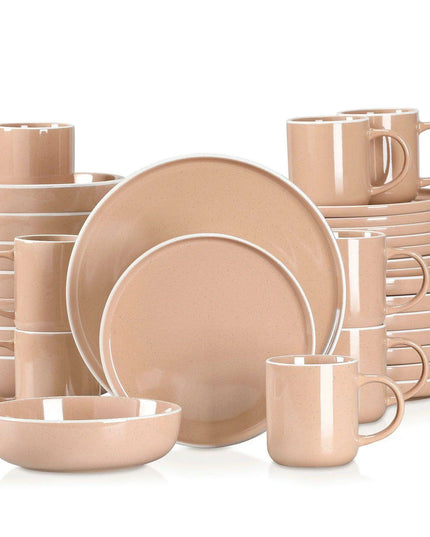 Apricot Elegance: Sesame Glazed Stoneware Dinnerware Set - 16/32/48 Piece Collection of Plates, Bowls, and Mugs