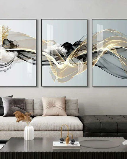 Nordic Elegance: Golden Deer Abstract Landscape 3-Piece Canvas Art Set with Customizable Borders for Luxury Home Decor