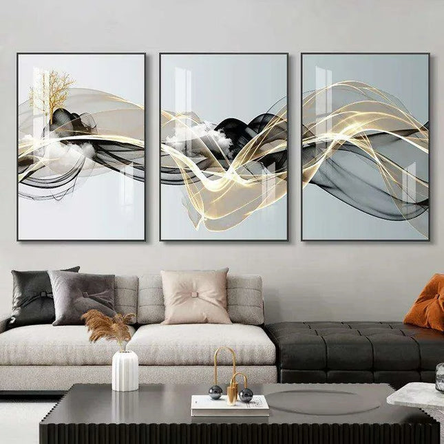 Nordic Elegance: Golden Deer Abstract Landscape 3-Piece Canvas Art Set with Customizable Borders for Luxury Home Decor