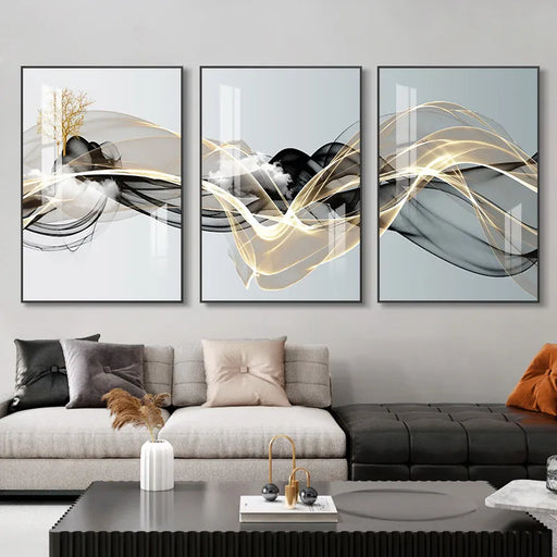 Golden Deer Nordic Ribbon Abstract Landscape 3-Piece Canvas Art Set - Elegant Home Decor Addition with Customizable White Borders