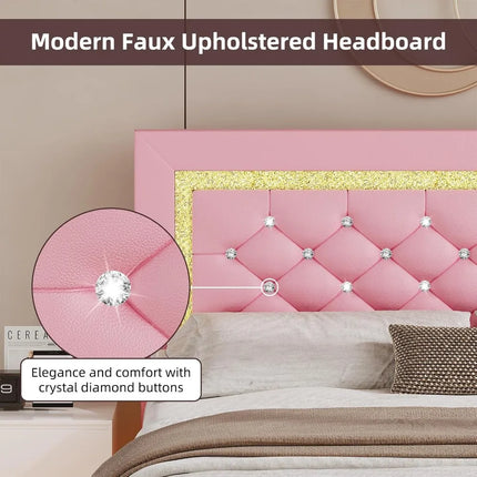 Full Floating Bed Frame with LED Lights, Pink Upholstered Diamond Headboard, No Box Spring Needed, Noise Free, Easy Assembly full-floating-bed-frame-with-led-lights-pink-upholstered-diamond-headboard-no-box-spring-needed-noise-free-easy-assembly