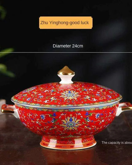 Authentic Elegant Under-glazed Ceramic Soup Pot with Lid and Spoon - Large Round Design with Gold Accents for Chinese Dining and Decor