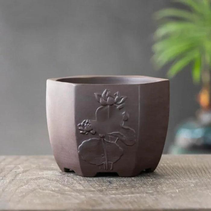 Polygon Purple Clay Flower Pot with Drainage Hole - Decorative Vase for Home and Garden