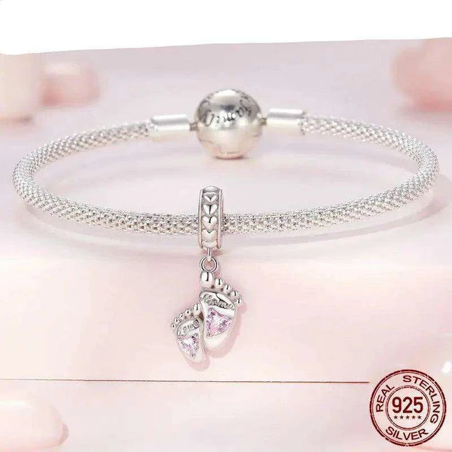 Eternal Bond: 925 Sterling Silver Baby Footprint Heart Charm Pendant