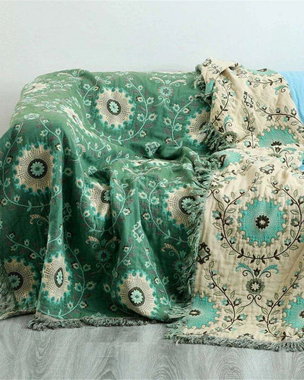 Reversible Jacquard Cotton Sofa Throw Blanket with Non-Slip Design