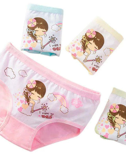 4 pcs Girls' Cotton Briefs Collection - Soft, Breathable & Playful Patterns for Kids