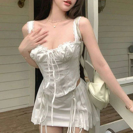 Chic Vintage Korean A-Line Skirt and Backless Camisole Women's Two-Piece Set